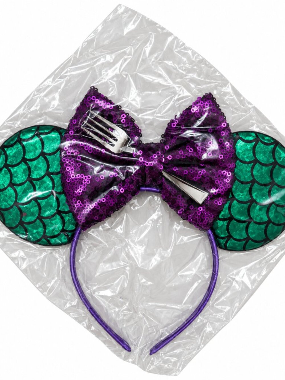 Mermaid Green Scale Sequin Ears Purple Bow Headband